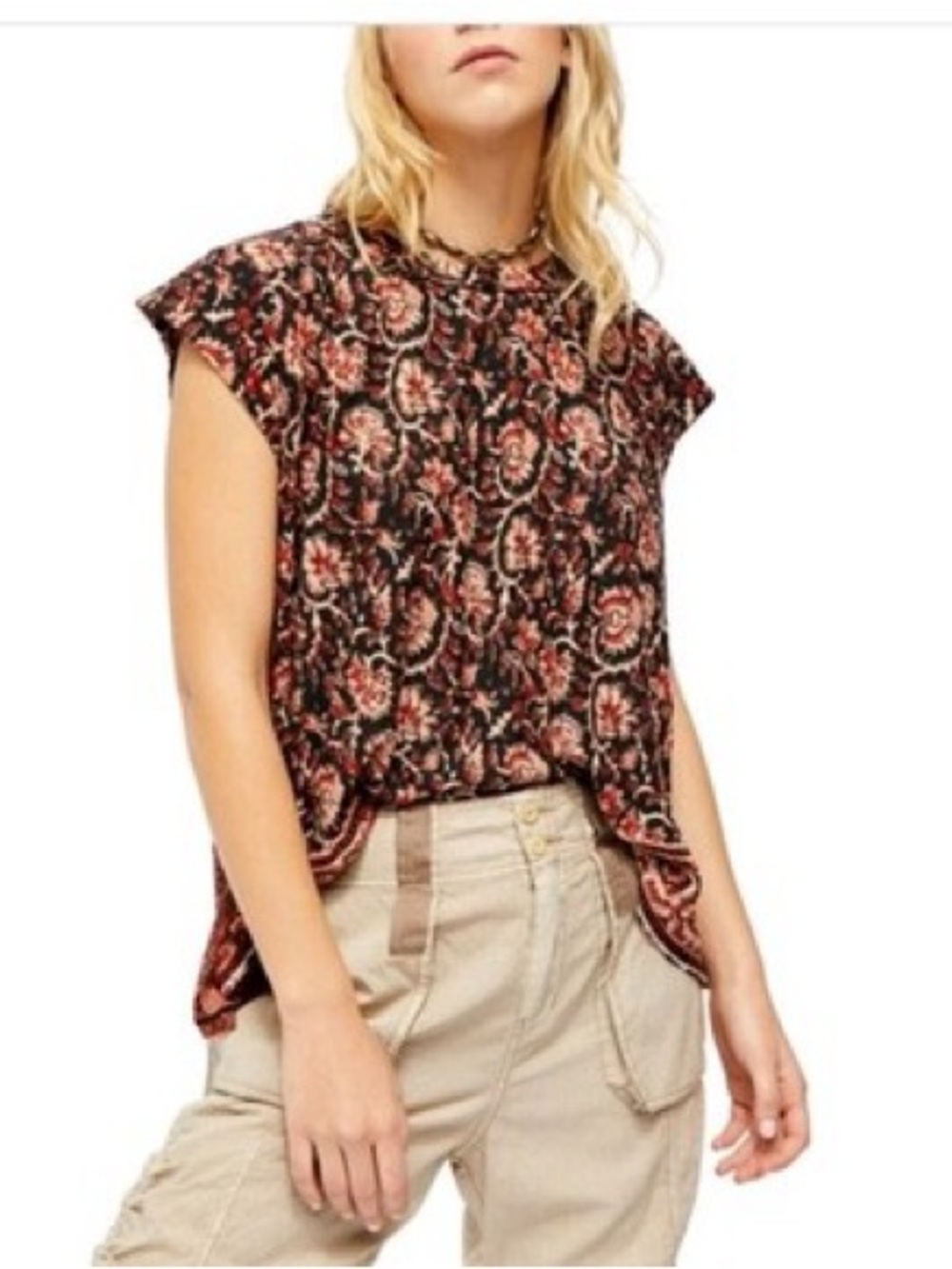 Free People Black Floral Cap Sleeve Blouse with Rust Accents